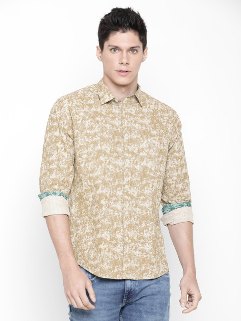 

CAVALLO by Linen Club Men Cotton Linen Beige Regular Fit Printed Casual Shirt