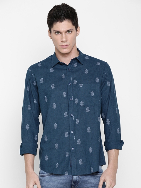 

CAVALLO by Linen Club Men Cotton Linen Blue Regular Fit Printed Casual Shirt