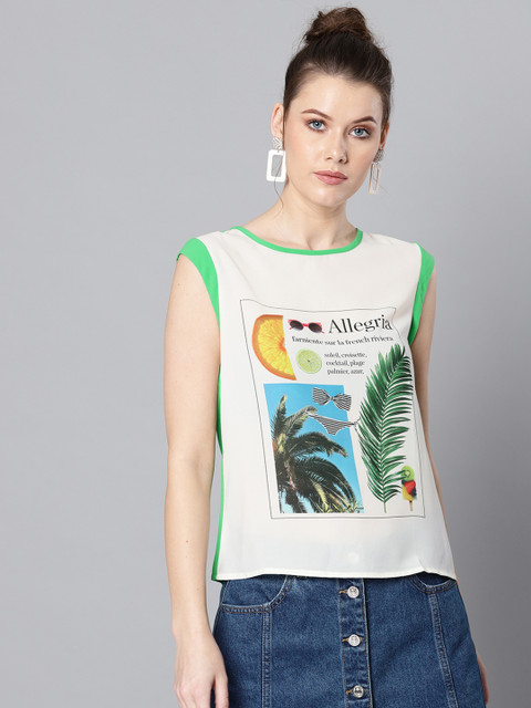 

Marie Claire Women White & Green Printed Top