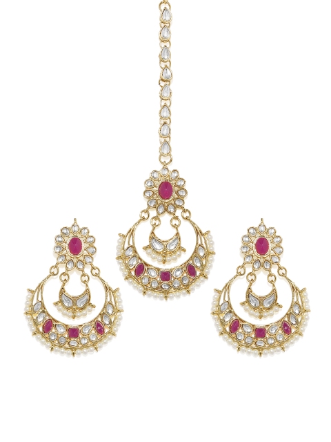 

Spargz Designer Gold-Plated & White Kundan & Pearl Chandbali Earring With Maang Tika