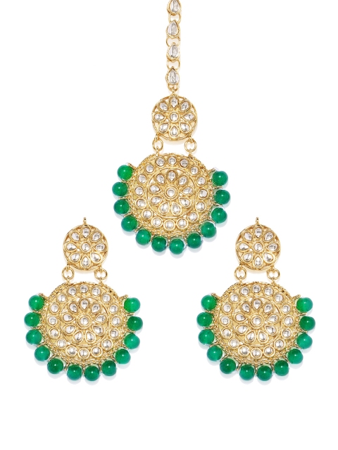 

Spargz Designer Gold-Plated & Green Kundan Antique Earring With Maang Tika