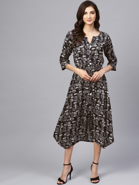 

Yuris Women Black & White Printed A-Line Dress