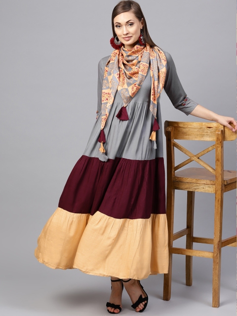 

Yuris Women Grey & Burgundy Colourblocked A-Line Kurta