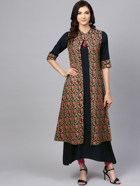 

Yuris Women Navy Blue Solid A-Line Kurta with Ethnic Jacket