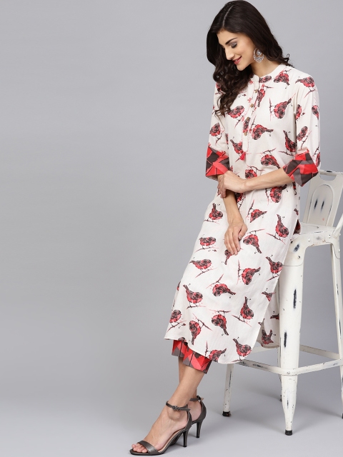 

Yuris Women Off-White & Pink Printed Straight Kurta