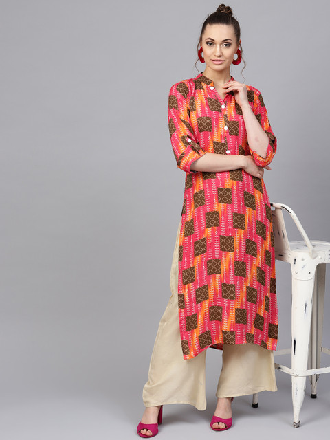 

Yuris Women Pink & Orange Printed Straight Kurta