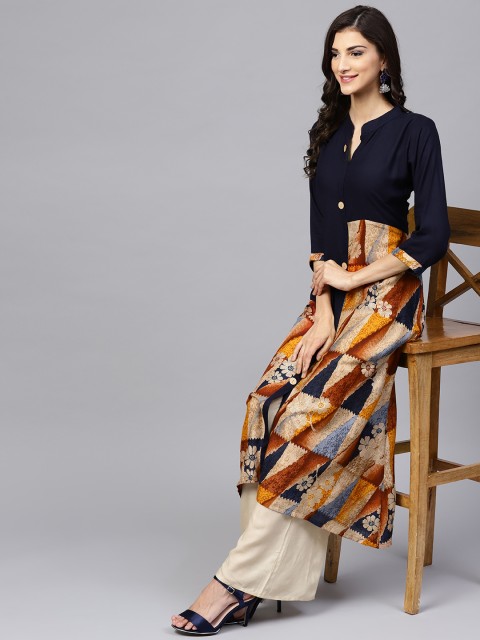 

Yuris Women Navy Blue & Brown Printed A-Line Kurta