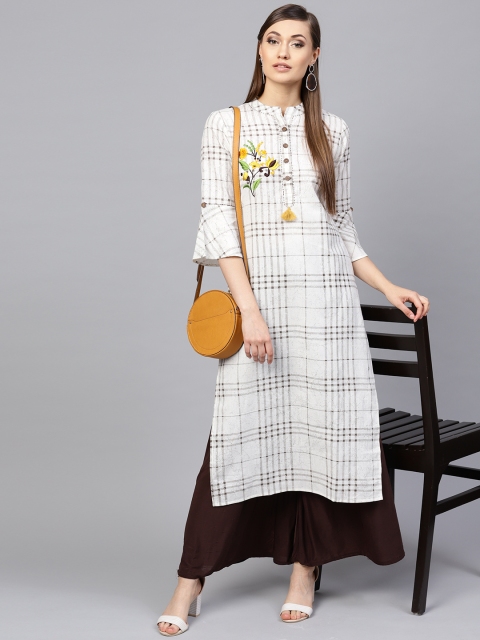 

Yuris Women Off-White & Brown Checked Straight Kurta