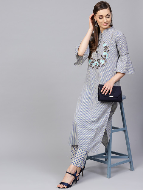 

Yuris Women Grey & Blue Striped Straight Kurta