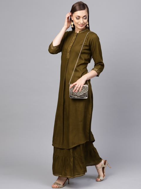 

Yuris Women Olive Green Solid Straight Kurta