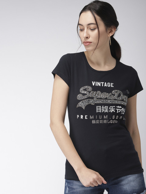 

Superdry Women Navy Blue Printed Round Neck Embellished T-shirt
