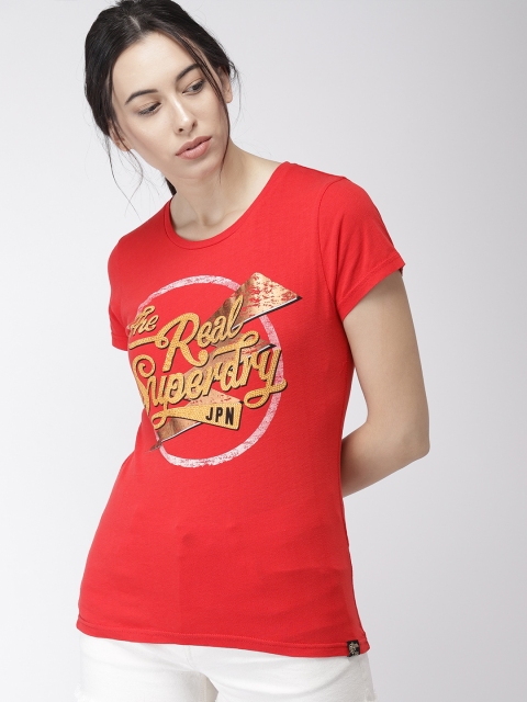 

Superdry Women Red Printed Round Neck Embellished T-shirt
