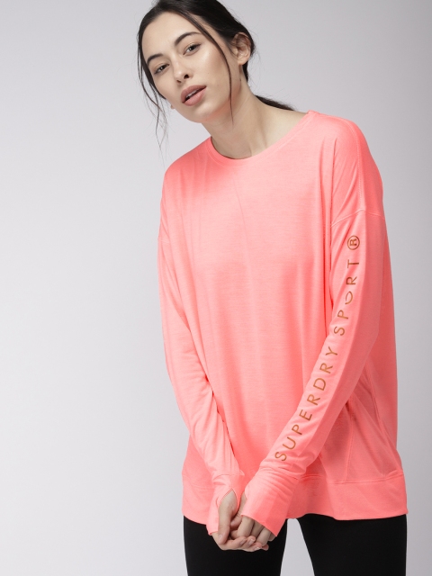 

Superdry Women Coral Pink Solid Round Neck T-shirt