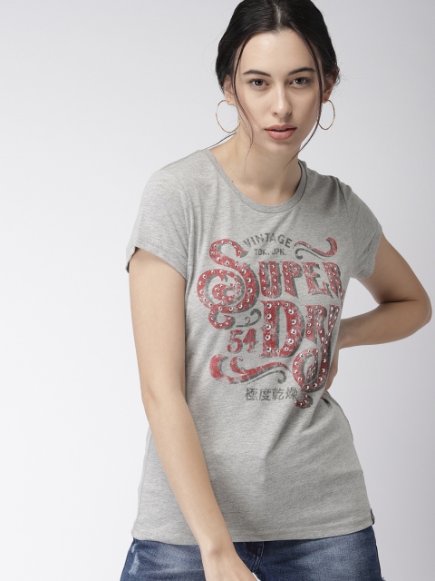 

Superdry Women Grey Melange Printed Round Neck Embellished T-shirt