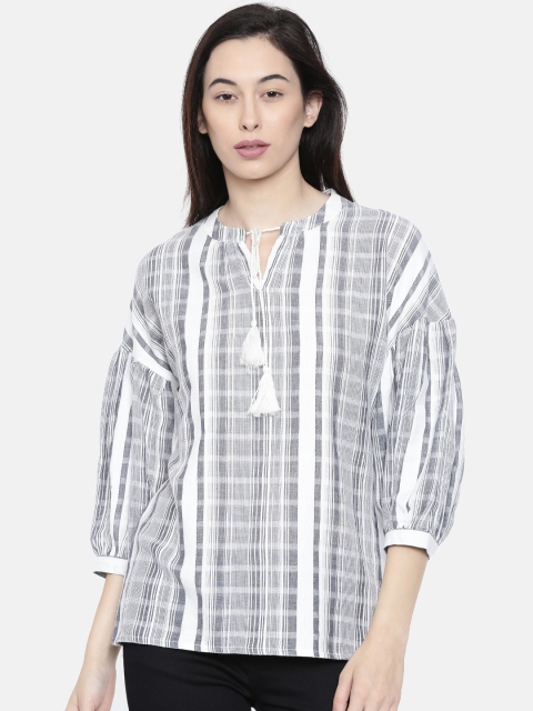 

Fame Forever by Lifestyle Women Navy Blue & White Self-Striped Top