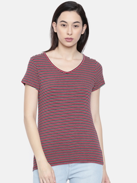 

Fame Forever by Lifestyle Women Red & Black Striped V-Neck T-shirt