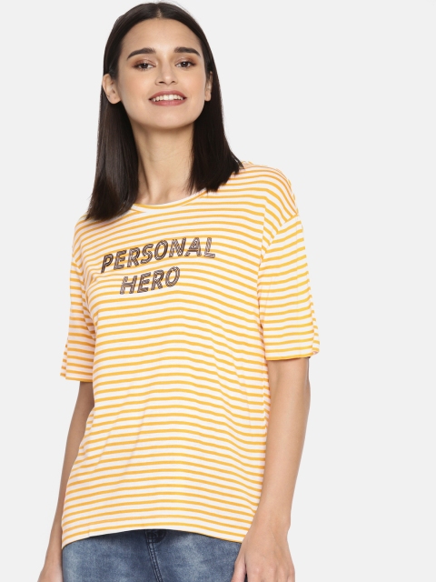 

Fame Forever by Lifestyle Women Mustard Yellow & White Striped Round Neck T-shirt