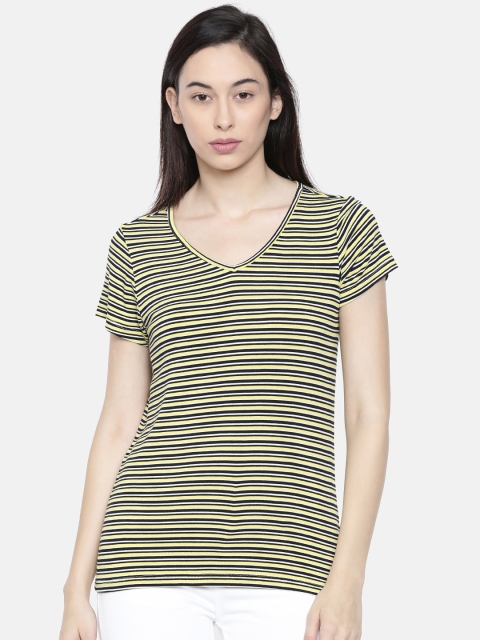 

Fame Forever by Lifestyle Women Yellow & Black Striped V-Neck T-shirt