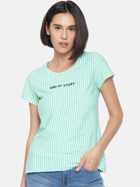 

Fame Forever by Lifestyle Women Sea Green & White Striped Round Neck T-shirt