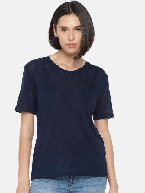 

Fame Forever by Lifestyle Women Navy Blue Solid Semi-Sheer Round Neck T-shirt