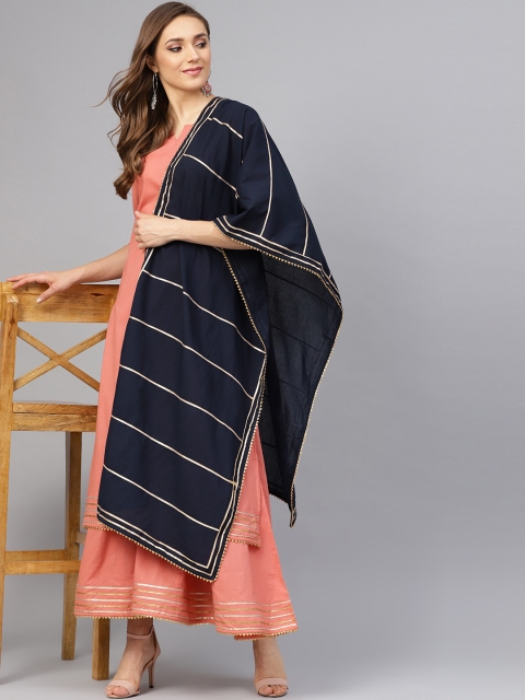 

Idalia Women Pink & Navy Blue Solid Kurta with Palazzos & Dupatta
