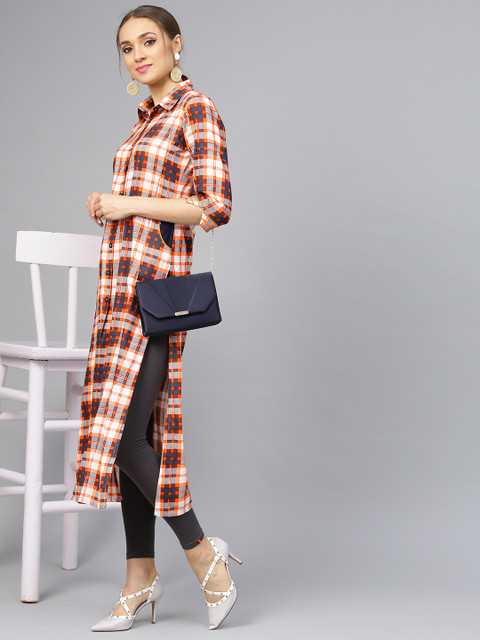 

Idalia Women White & Orange Checked Straight Kurta