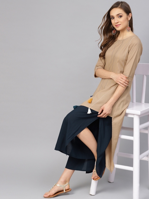 

Idalia Women Beige & Navy Blue Solid Kurta with Palazzos