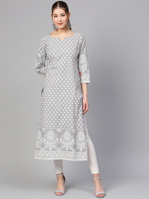 

Varanga Women Grey & White Printed Straight Kurta