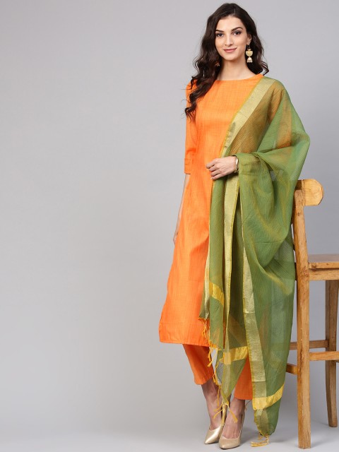 

Nayo Women Orange & Green Solid Kurta with Trousers & Dupatta
