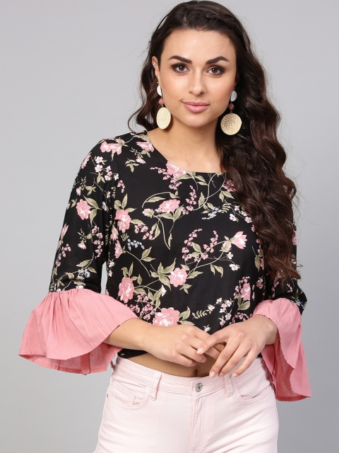 

Nayo Women Black Floral Print Crop Pure Cotton Top