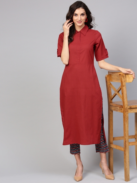 

Nayo Women Maroon & Navy Blue Solid Kurta with Trousers