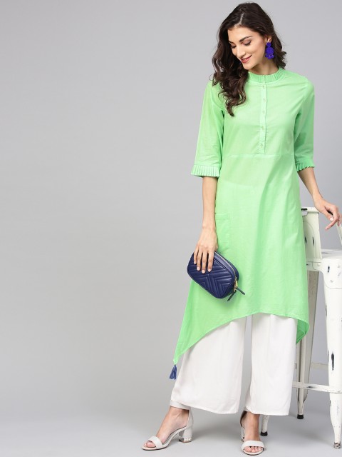 

Nayo Women Green Solid Asymmetric A-Line Kurta