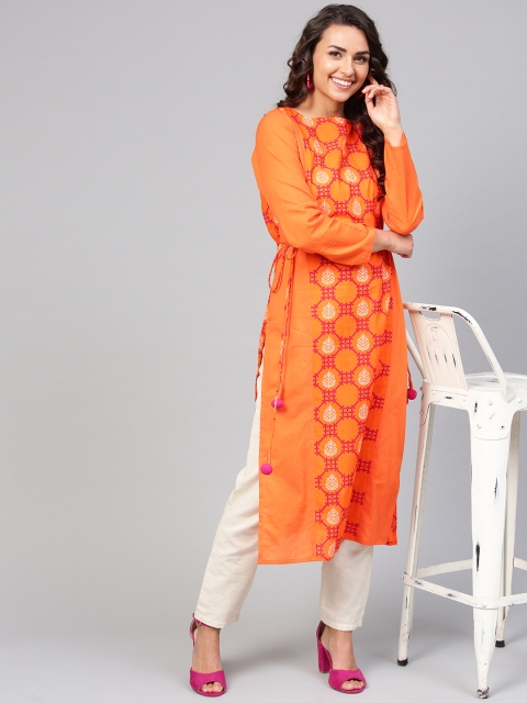 

Nayo Women Orange & White Printed Straight Kurta