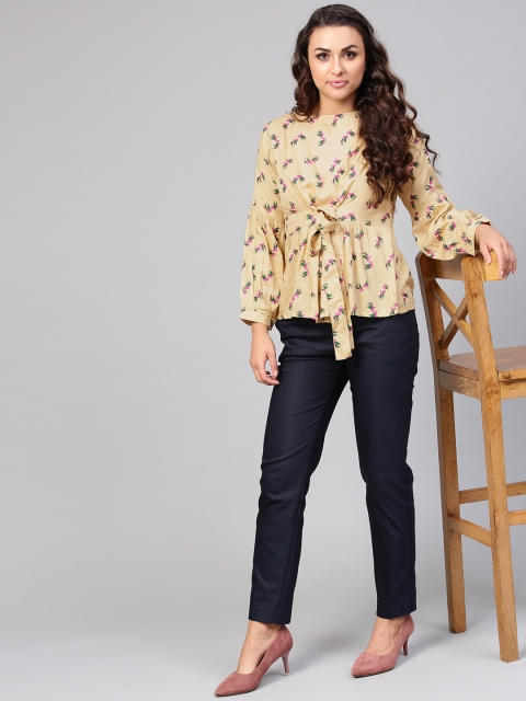 

Nayo Women Beige Printed Cinched Waist Bird Print Top