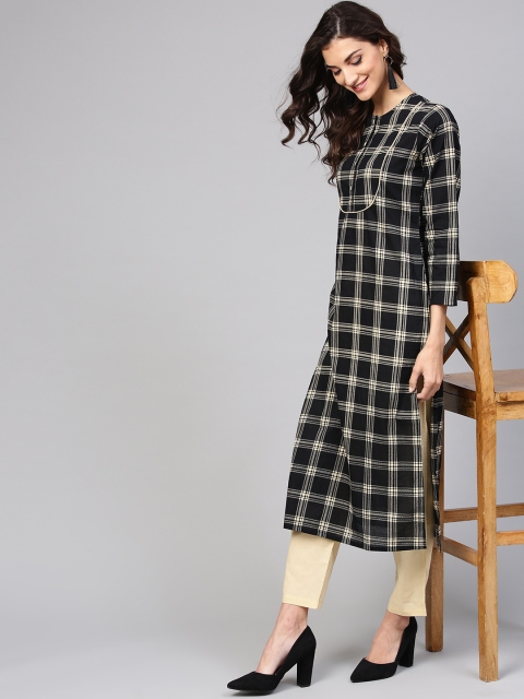 

Nayo Women Black & Cream-Coloured Checked Kurta with Trousers