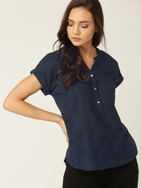 

ESPRIT Women Navy Blue Schiffli Embroidered Semi-Sheer Shirt Style Top