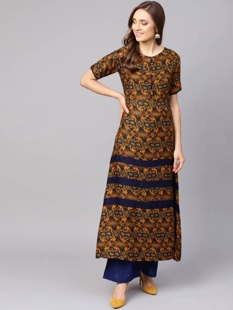 

Ives Women Mustard Brown & Olive Green Printed A-Line Kurta
