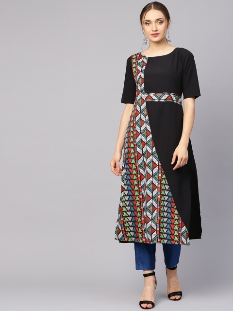 

Ives Women Black & Blue Printed Straight Kurta