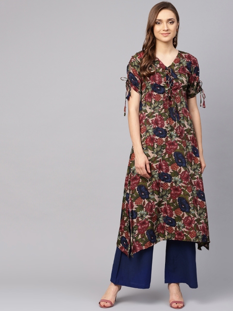 

Ives Women Maroon & Green Printed Asymmetric A-Line Kurta