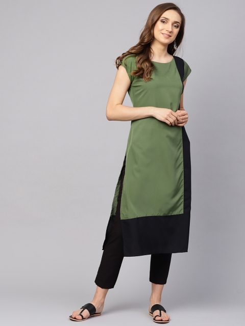 

Ives Women Olive Green & Black Colourblocked Straight Kurta
