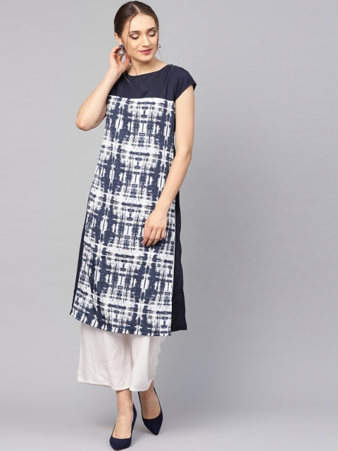 

Ives Women Navy Blue & White Printed Straight Kurta