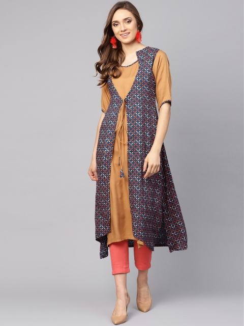 

Ives Women Beige & Teal Blue Printed Layered A-Line Kurta