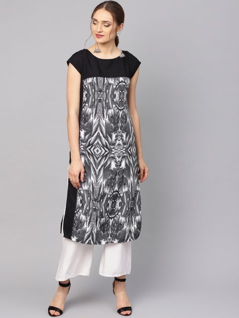 

Ives Women Black & Grey Printed Straight Kurta