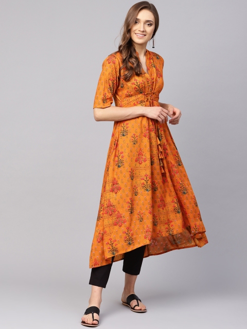 

Ives Women Mustard Yellow Printed Asymmetric A-Line Kurta
