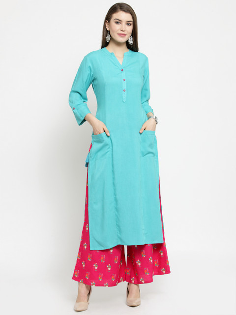 

Varanga Women Turquoise Blue & Pink Solid Kurta with Palazzos