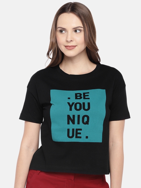 

Cottonworld Women Black Printed Round Neck T-shirt