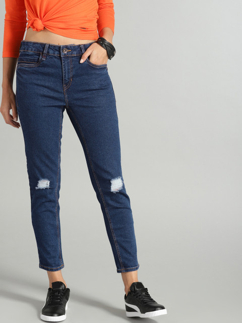 

Roadster Women Blue Skinny Fit Mid-Rise Low Distress Stretchable Cropped Jeans, Navy blue