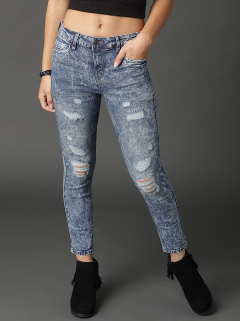 

Roadster Women Blue Acid Washed Skinny Fit Mildly Distressed Stretchable Cropped Jeans