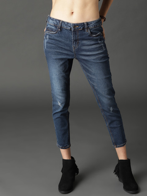 

Roadster Women Navy Blue Skinny Fit Mid-Rise Low Distress Stretchable Cropped Jeans