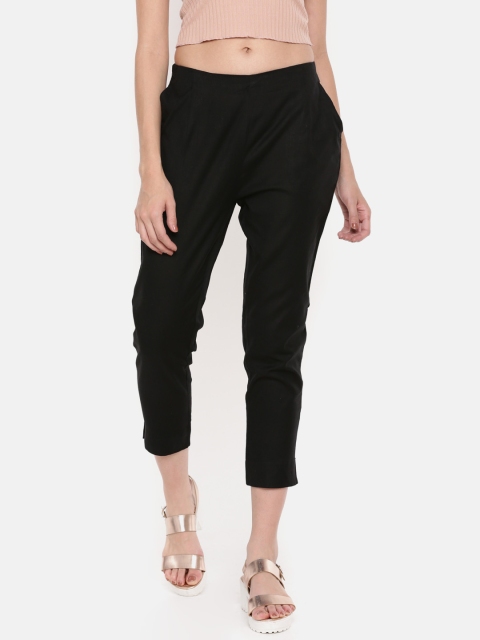 

De Moza Women Black Straight Fit Solid Cropped Cigarette Trousers